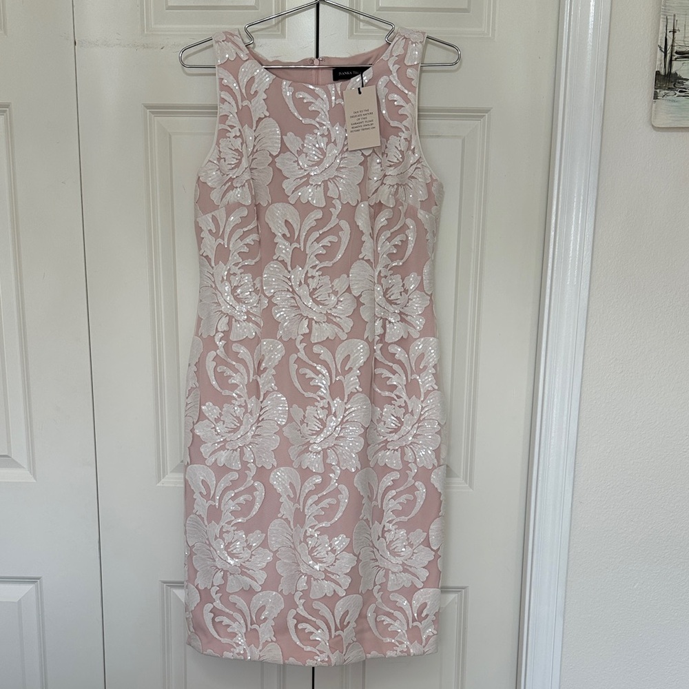 Ivanka Trump Pink and White Floral Dress sequins and embroidered mesh over lay